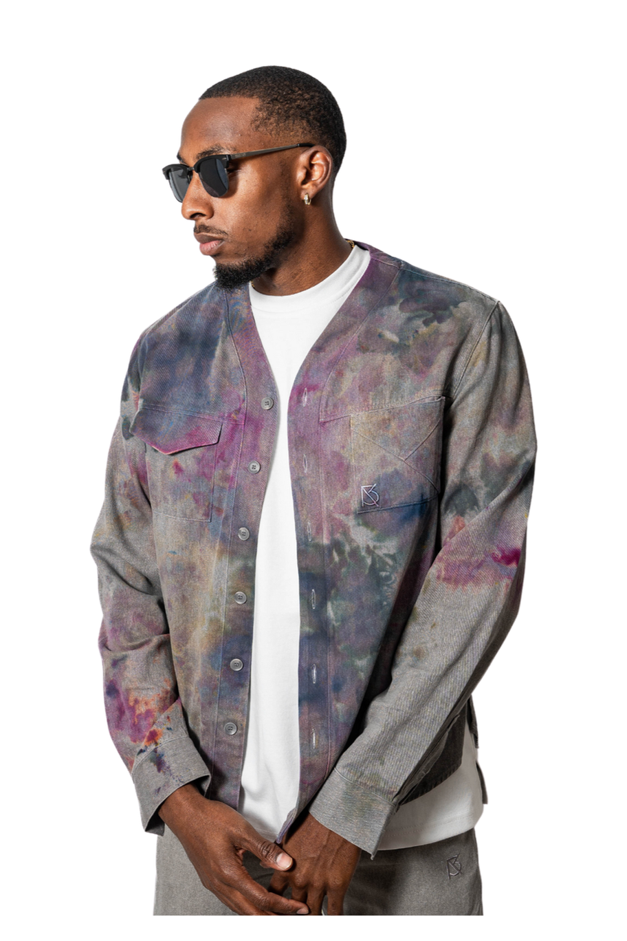 Herman V Neck Button Up Shirt: Gray Tie-Dye