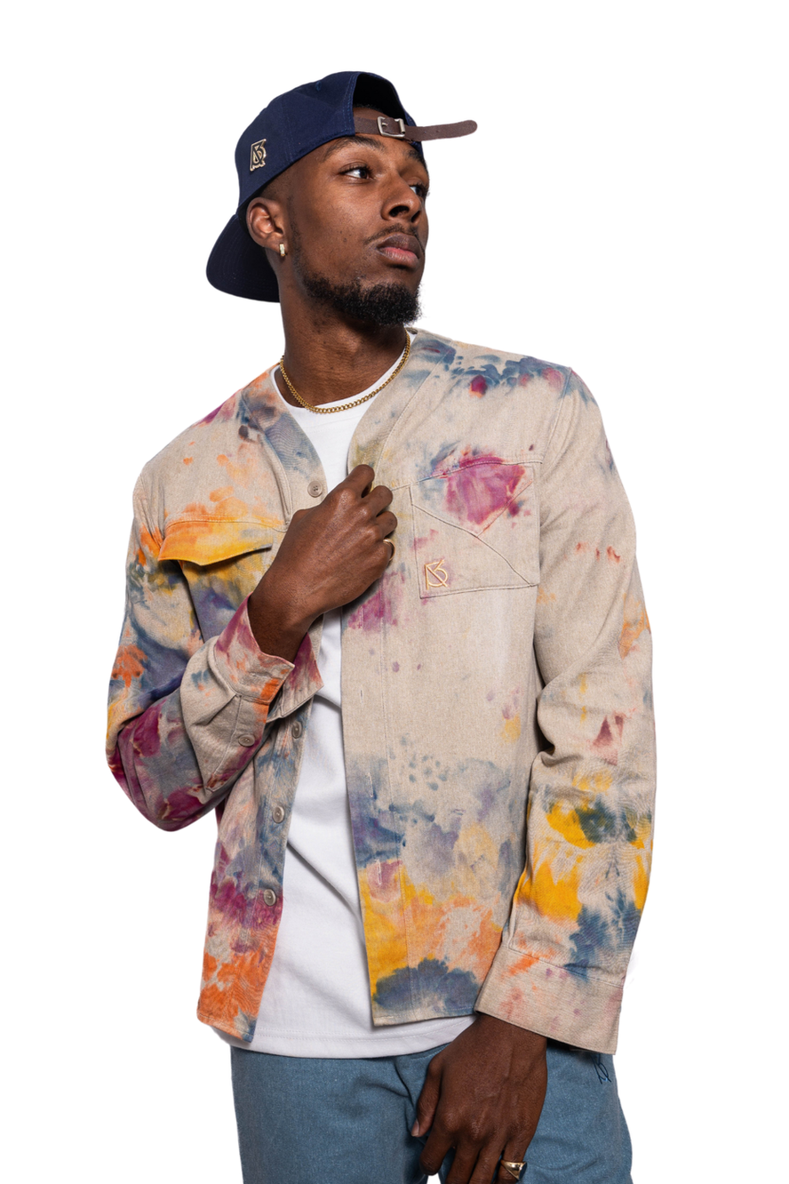 Herman V Neck Button Up Shirt: Beige Tie-Dye - Orange