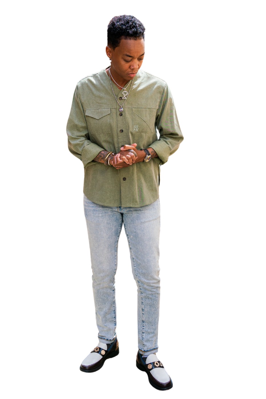 Herman V Neck Button Up Shirt: Olive