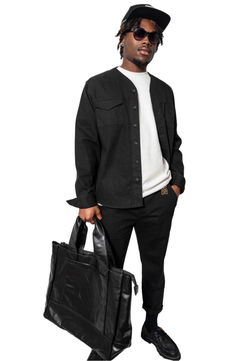 Herman V Neck Button Up Shirt: Black