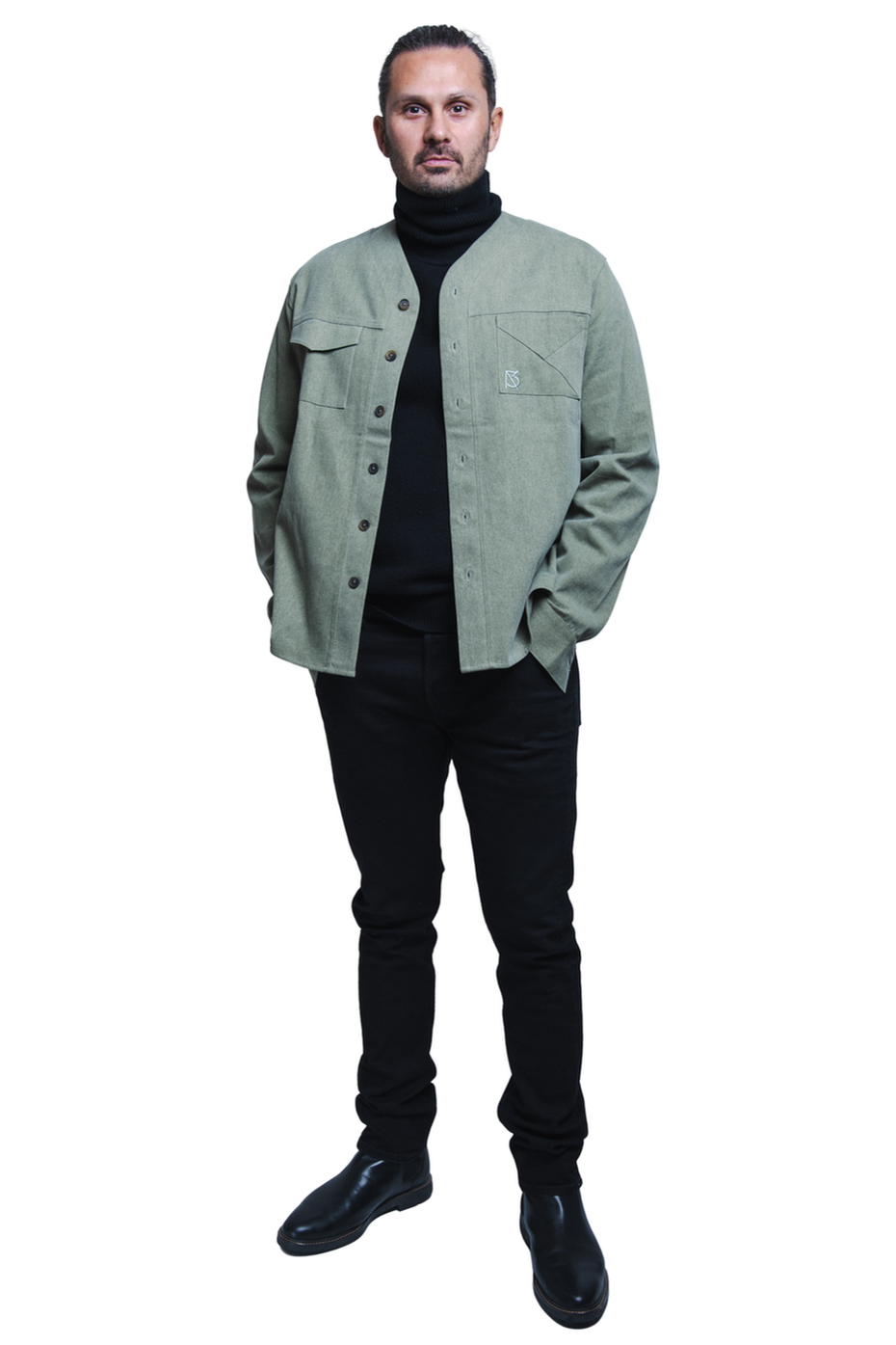 Herman V Neck Button Up Shirt: Olive