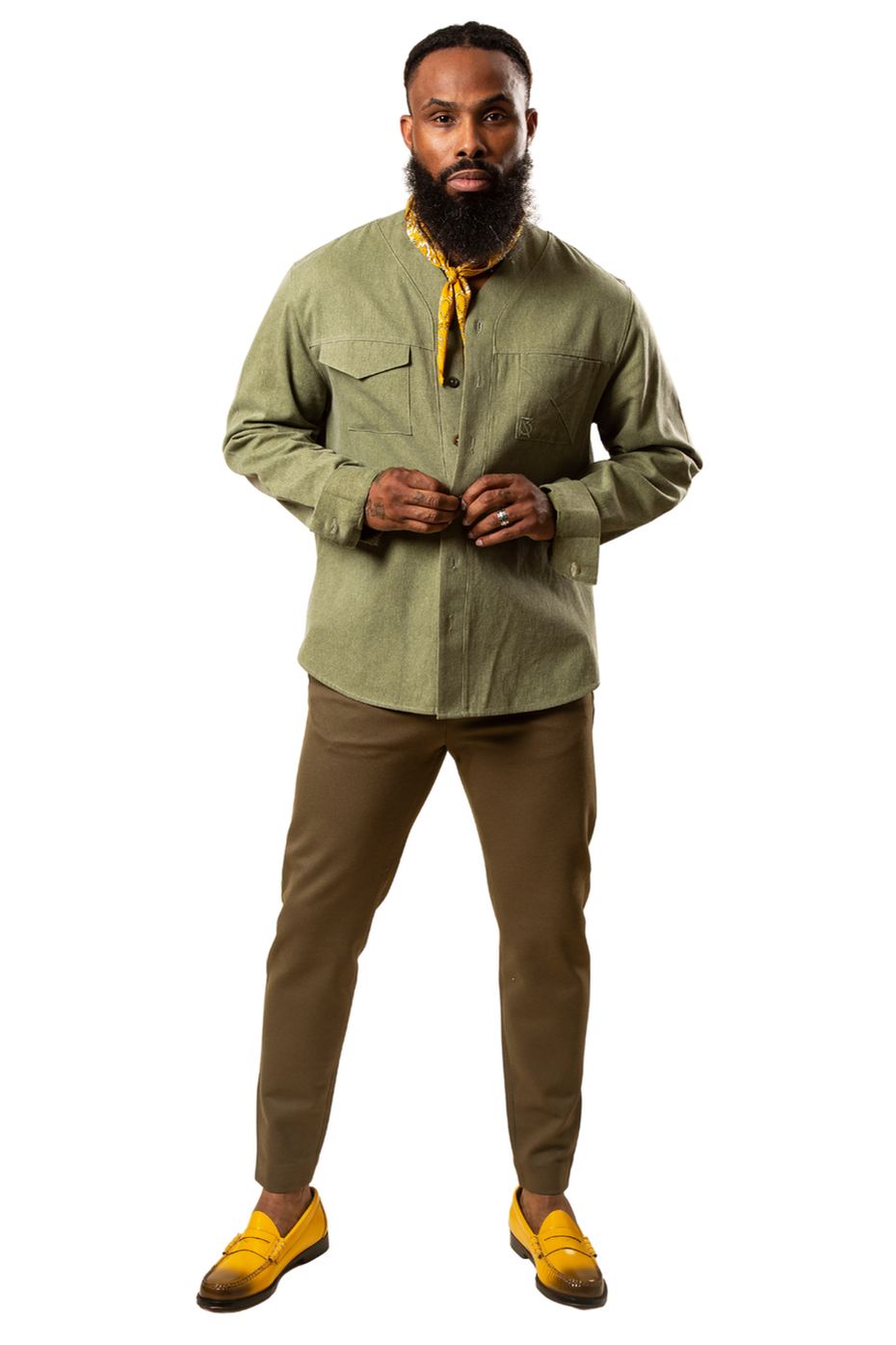 Herman V Neck Button Up Shirt: Olive