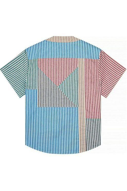 Colorful patchwork shirt with geometric patterns