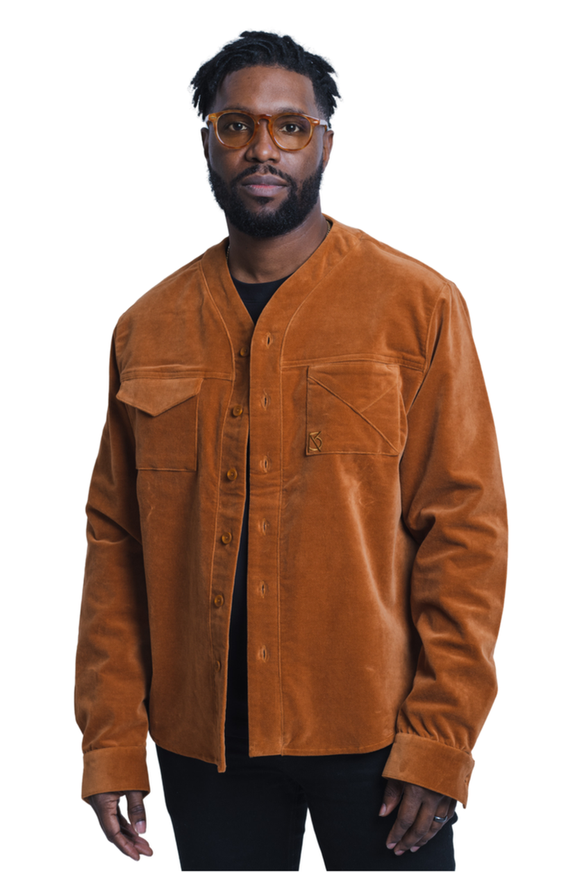 Model wearing brick corduroy Herman