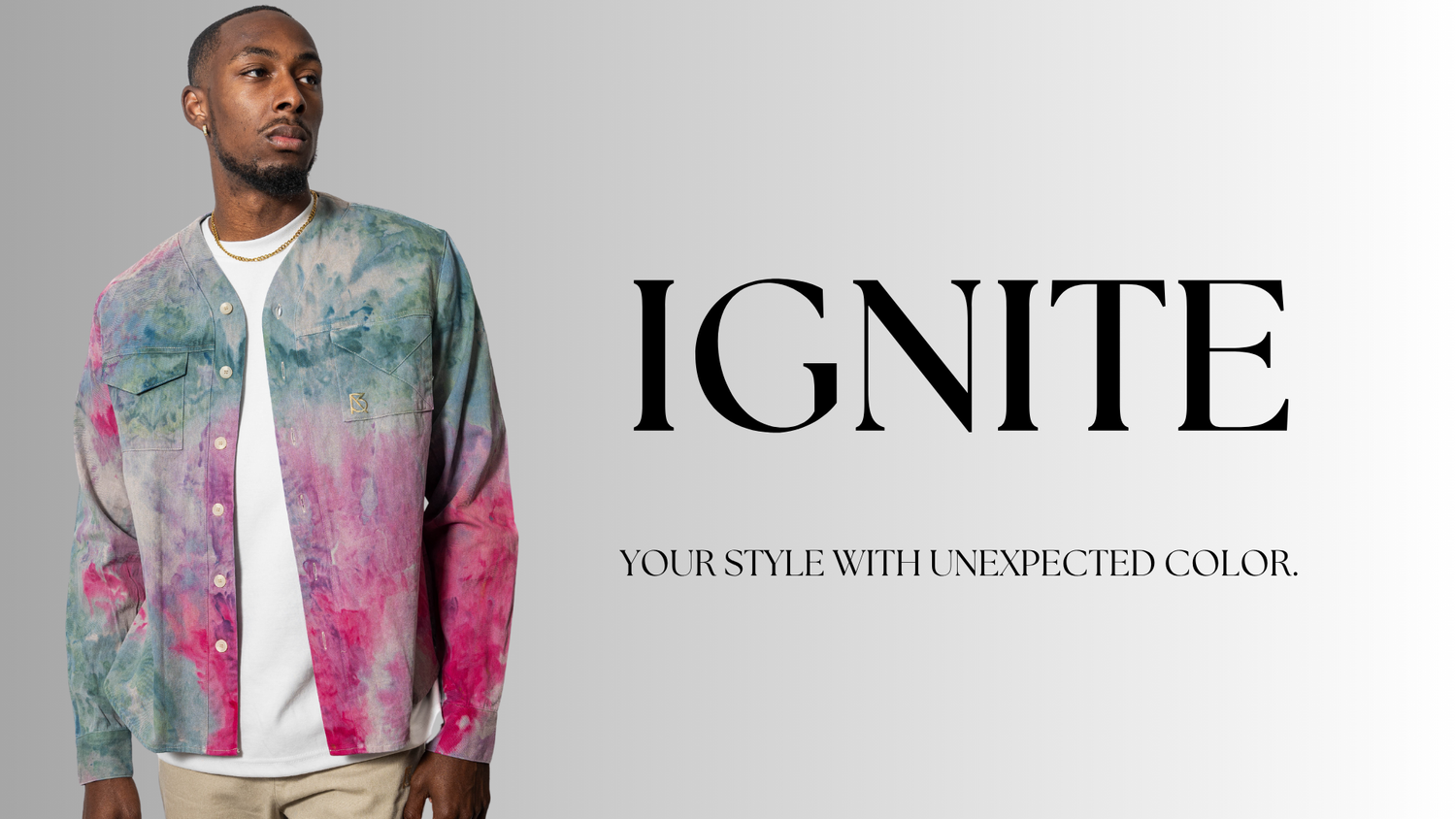 Vivid, energetic visual featuring Brian Americus Herman Tie-Dye V-Neck Button up shirt, capturing the spark of inspiration and ambition.