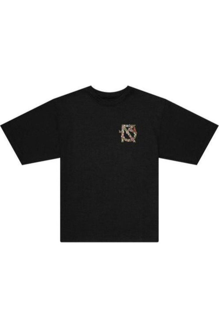 Black t-shirt with small chest logo of floral design.