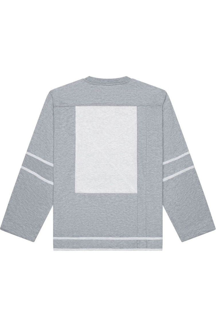 Douglas Embossed Sweatshirt in heather gray with embossed Brian Americus logo, back view.