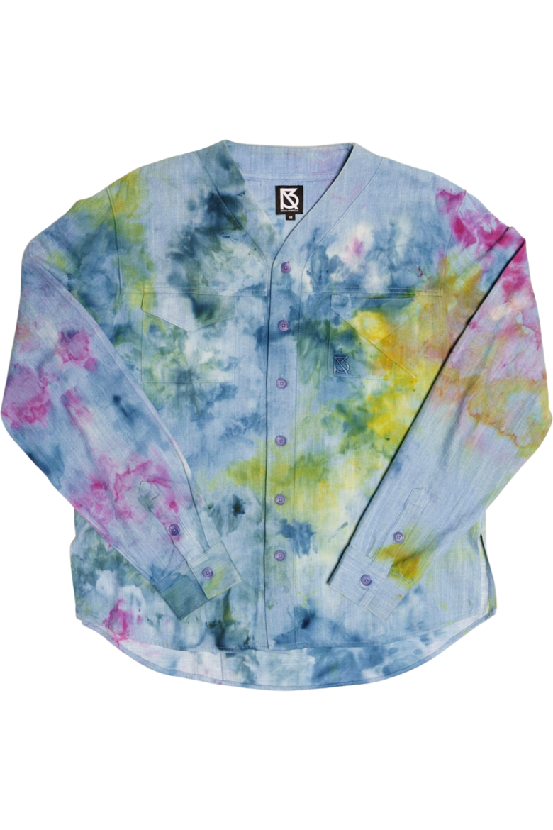 Herman V Neck Button Up Shirt: Light Denim Tie Dye