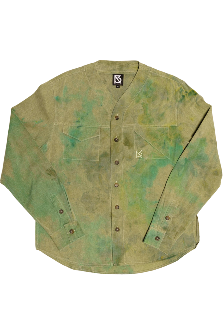 Herman V Neck Button Up Shirt: Olive Tie Dye