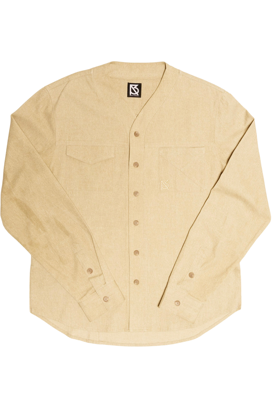 The Herman Signature V-Neck Button Up Shirt Front View Beige