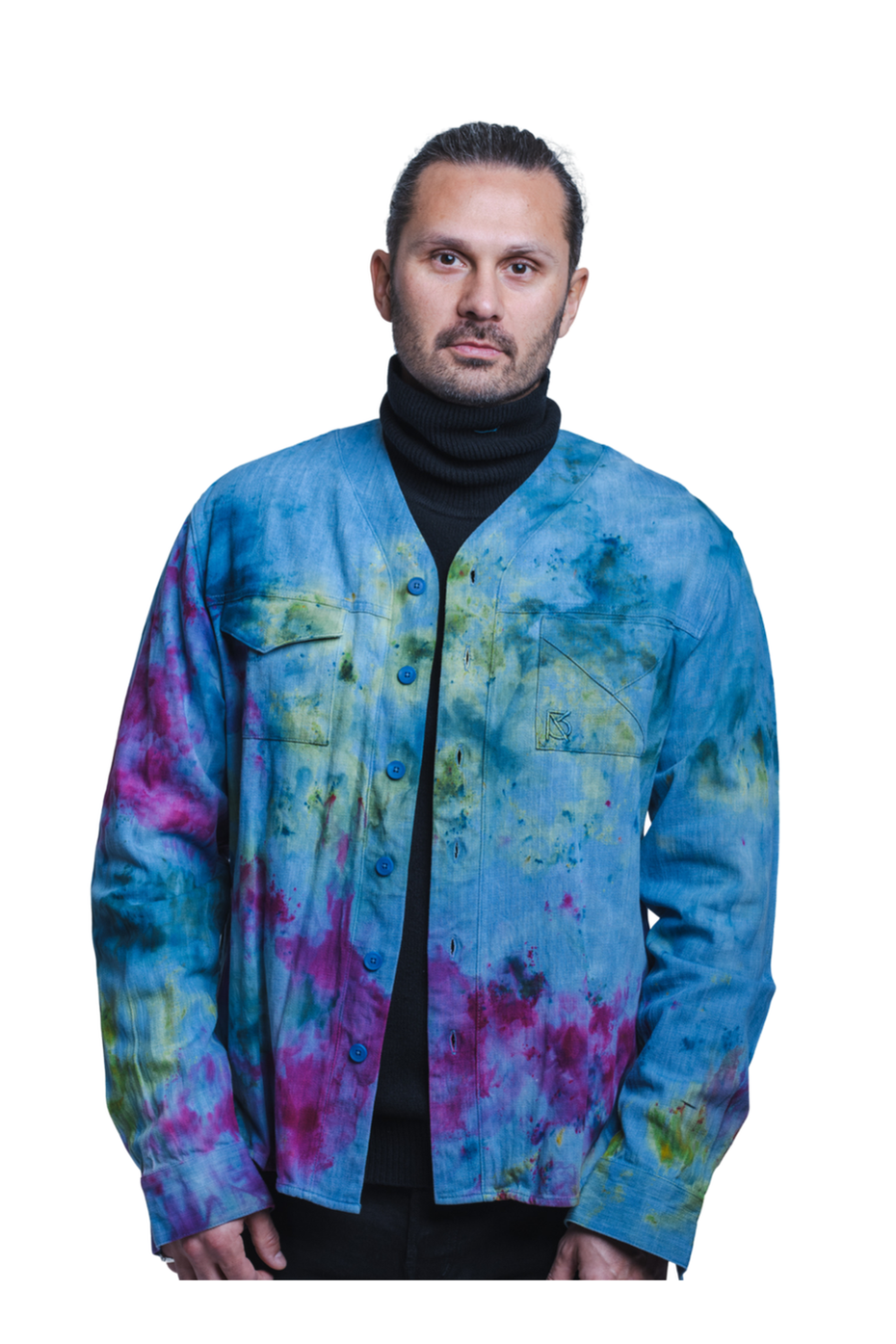 Herman V Neck Button Up Shirt: Light Denim Tie Dye