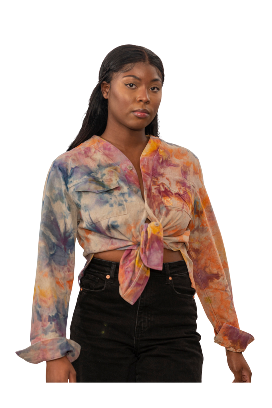 Herman V Neck Button Up Shirt: Beige Tie-Dye - Orange