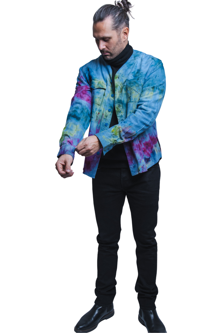 Herman V Neck Button Up Shirt: Light Denim Tie Dye
