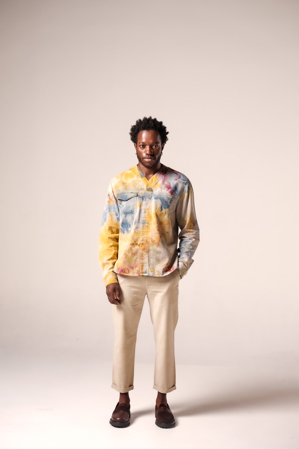 Herman V Neck Button Up Shirt: Beige Tie-Dye - Orange