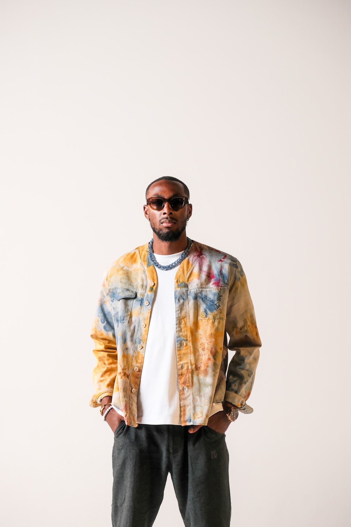 Herman V Neck Button Up Shirt: Beige Tie-Dye - Orange