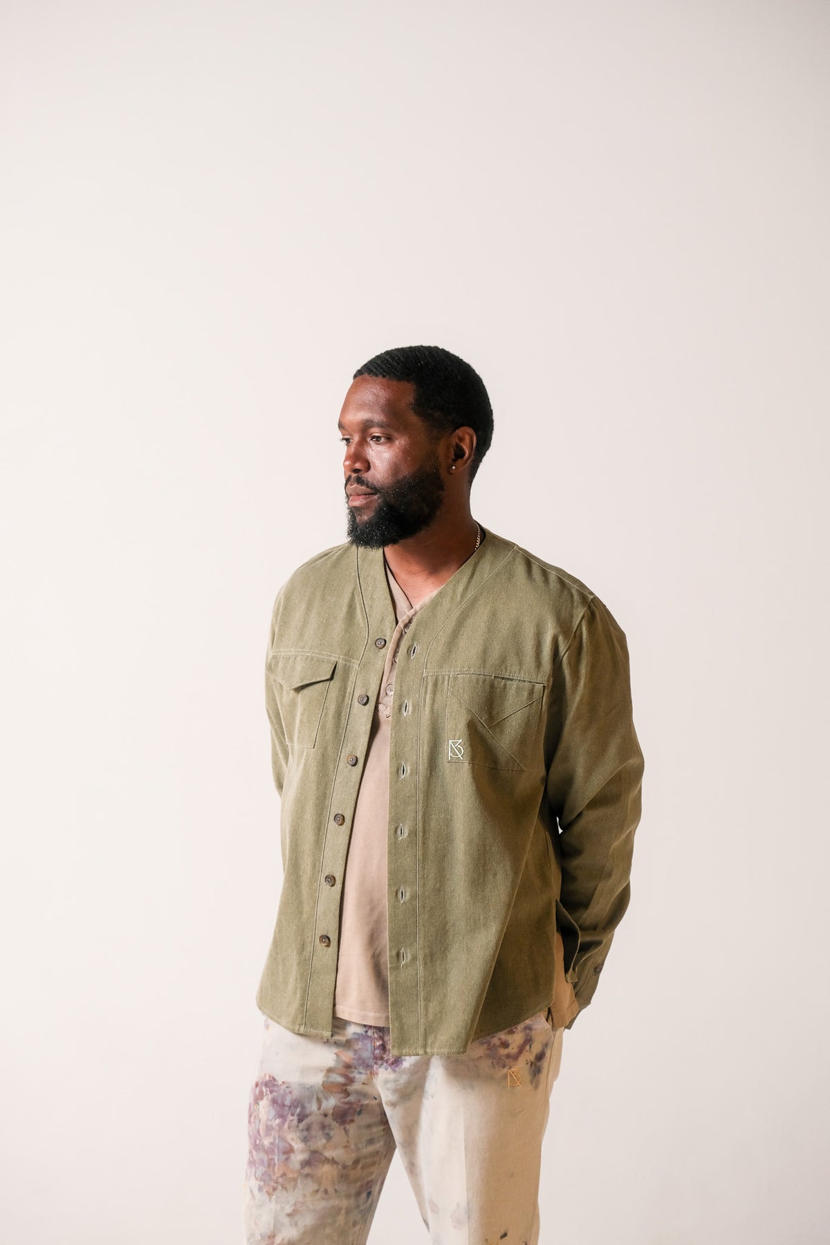 Herman V-Neck Button-Up Shirt - Olive