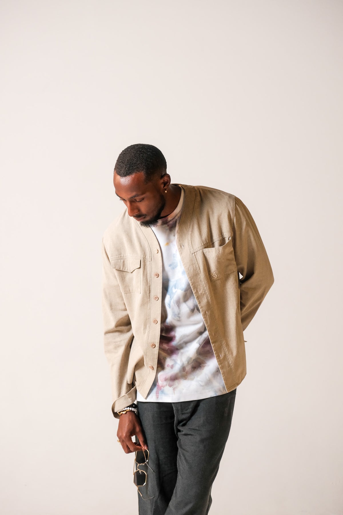 Herman V-Neck Button-Up Shirt - Beige
