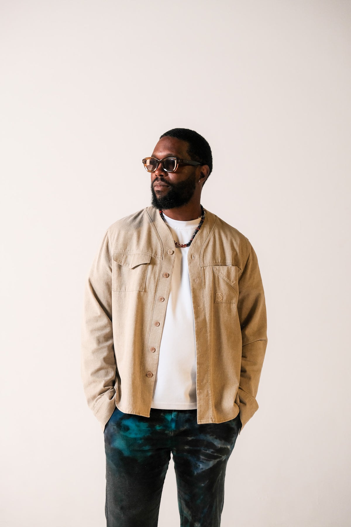 Herman V-Neck Button-Up Shirt - Beige
