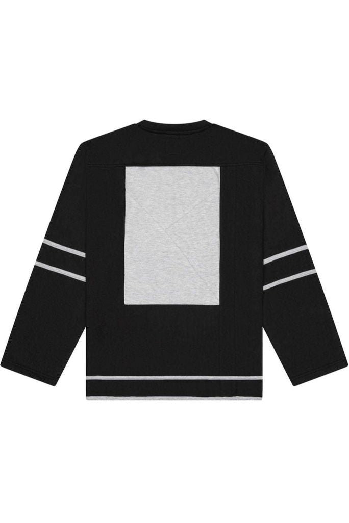 Black hockey jersey with white stripes back
