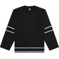 Black hockey jersey with white stripes on a white background
