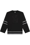 Black hockey jersey with white stripes on a white background