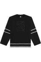 Black hockey jersey with white stripes on a white background