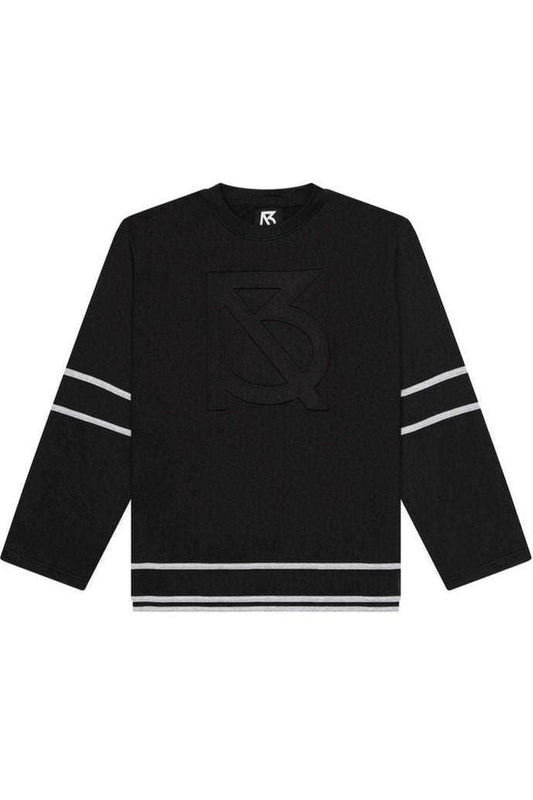 Black hockey jersey with white stripes on a white background