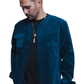 Model wearing the Herman teal corduroy shirt over a black t-shirt