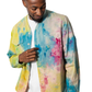 Model wearing a colorful tie-dye shirt 