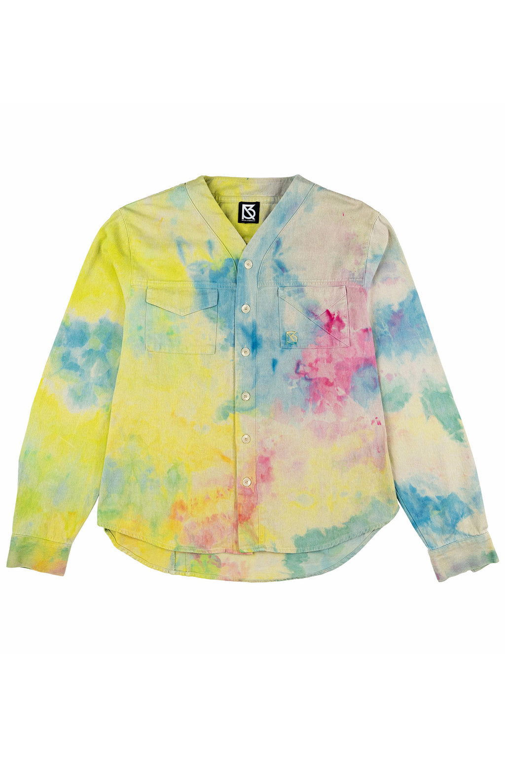 Herman V Neck Button Up Shirt: Beige Tie-Dye - Yellow