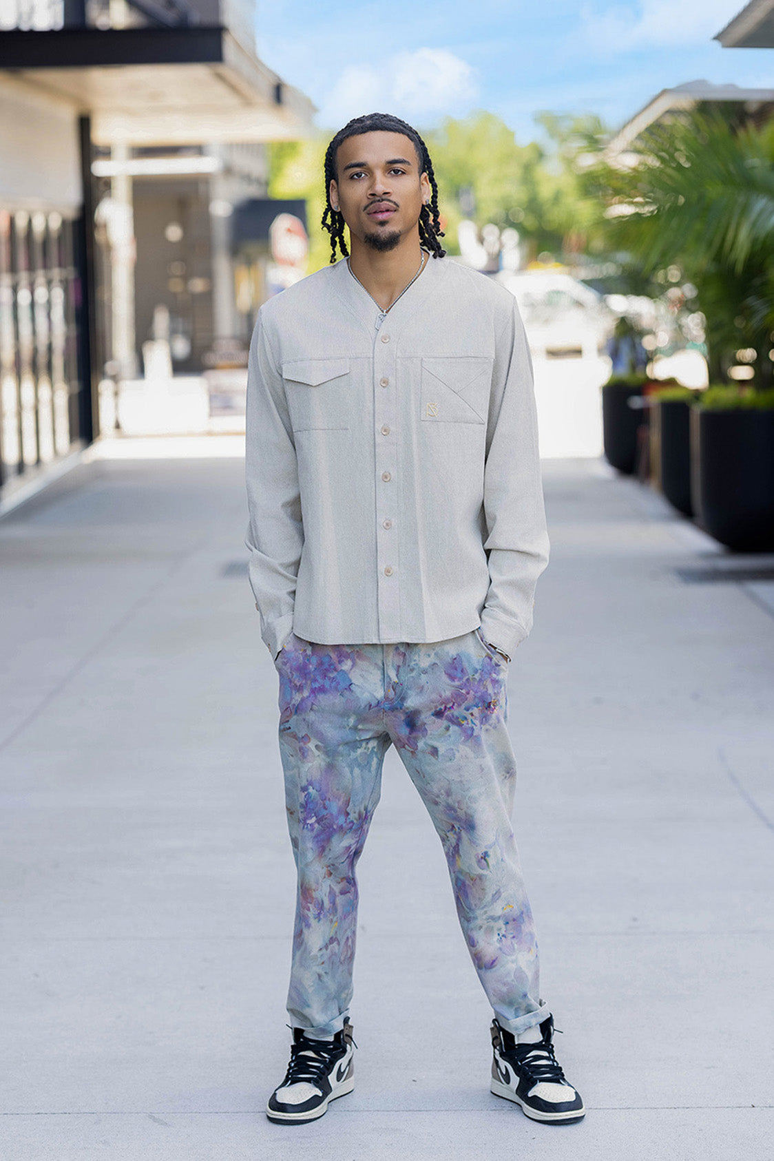 Herman V Neck Button Up Shirt: Beige