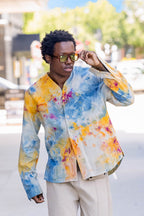 Herman V Neck Button Up Shirt: Beige Tie-Dye - Orange
