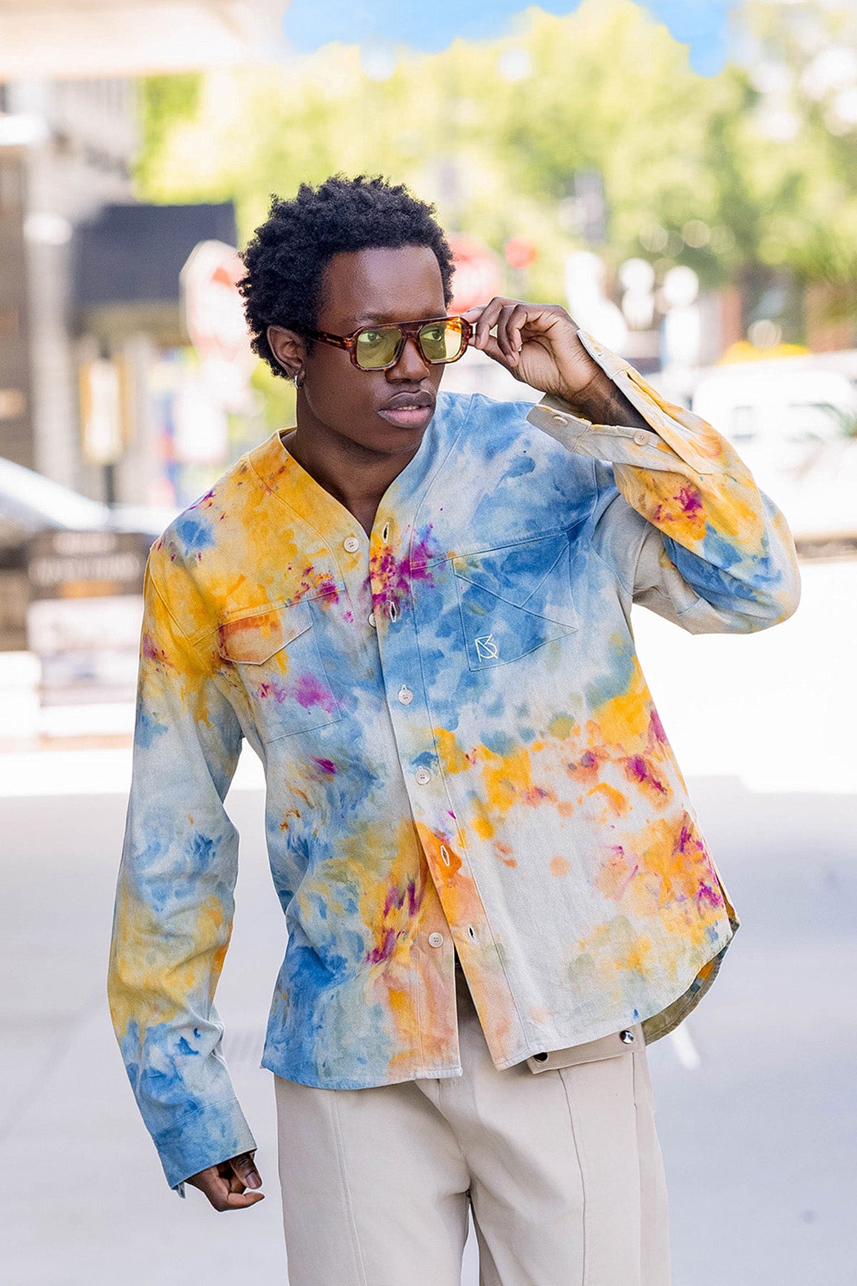 Herman V Neck Button Up Shirt: Beige Tie-Dye - Orange