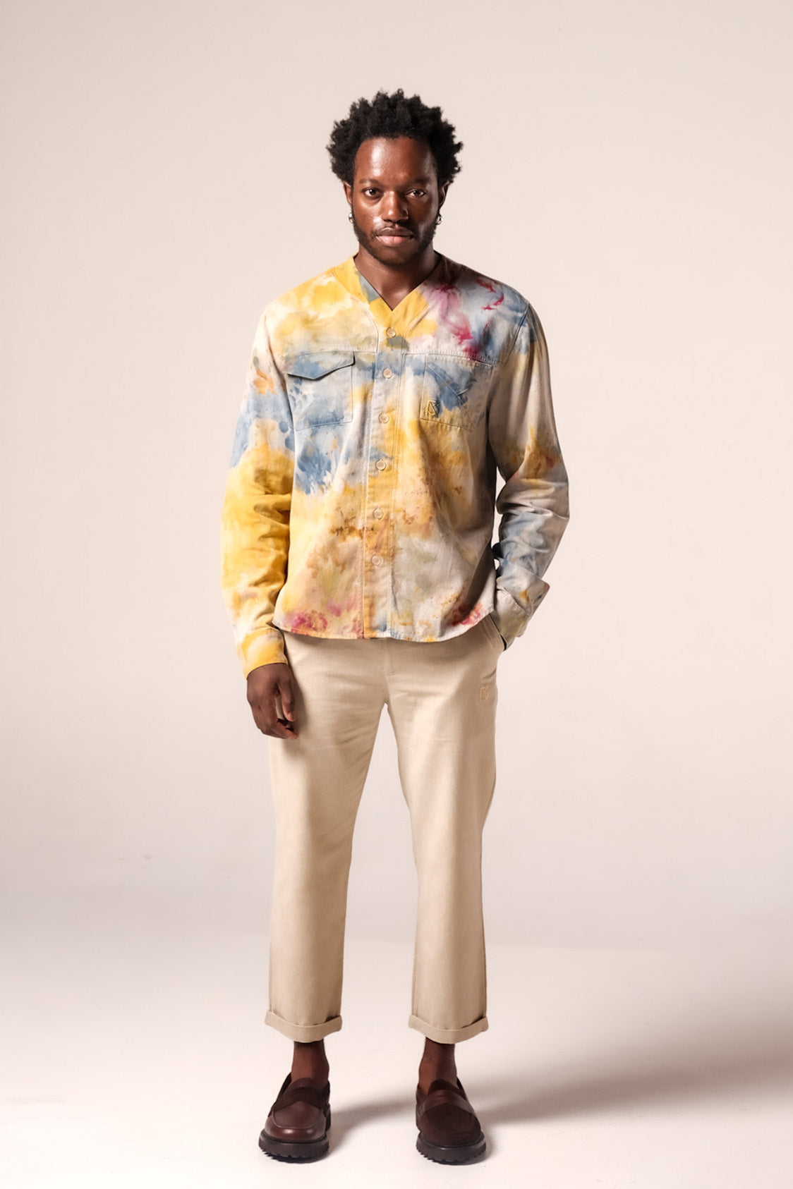 Herman V Neck Button Up Shirt: Beige Tie-Dye - Orange