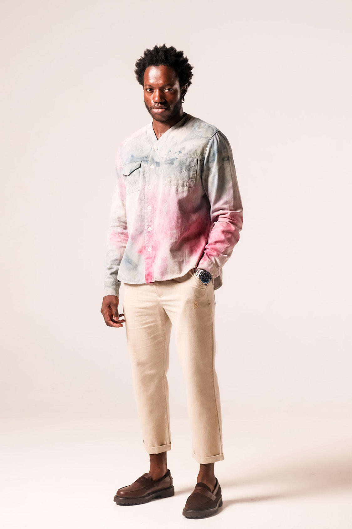 Herman V-Neck Button-Up Shirt - Beige Tie-Dye v2