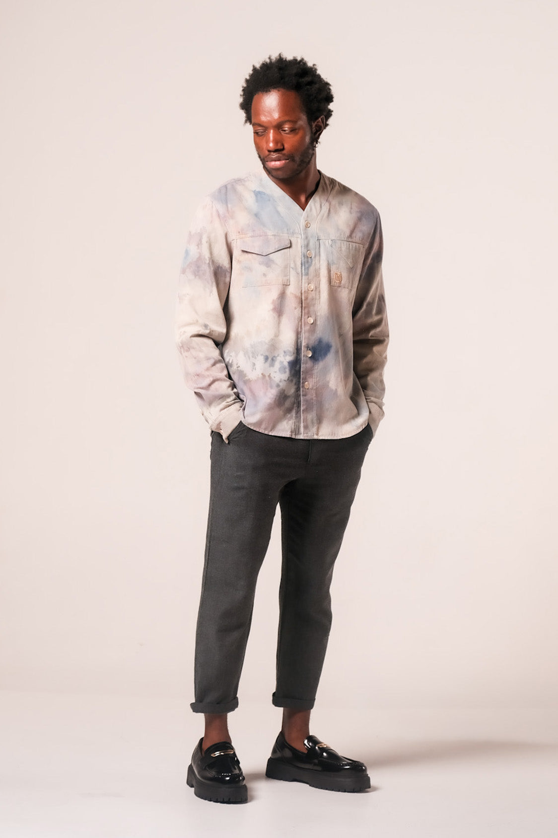 Herman V Neck Button Up Shirt: Beige Tie-Dye - Purple