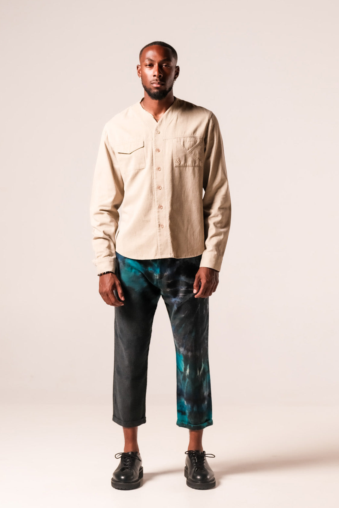 Herman V-Neck Button-Up Shirt - Beige