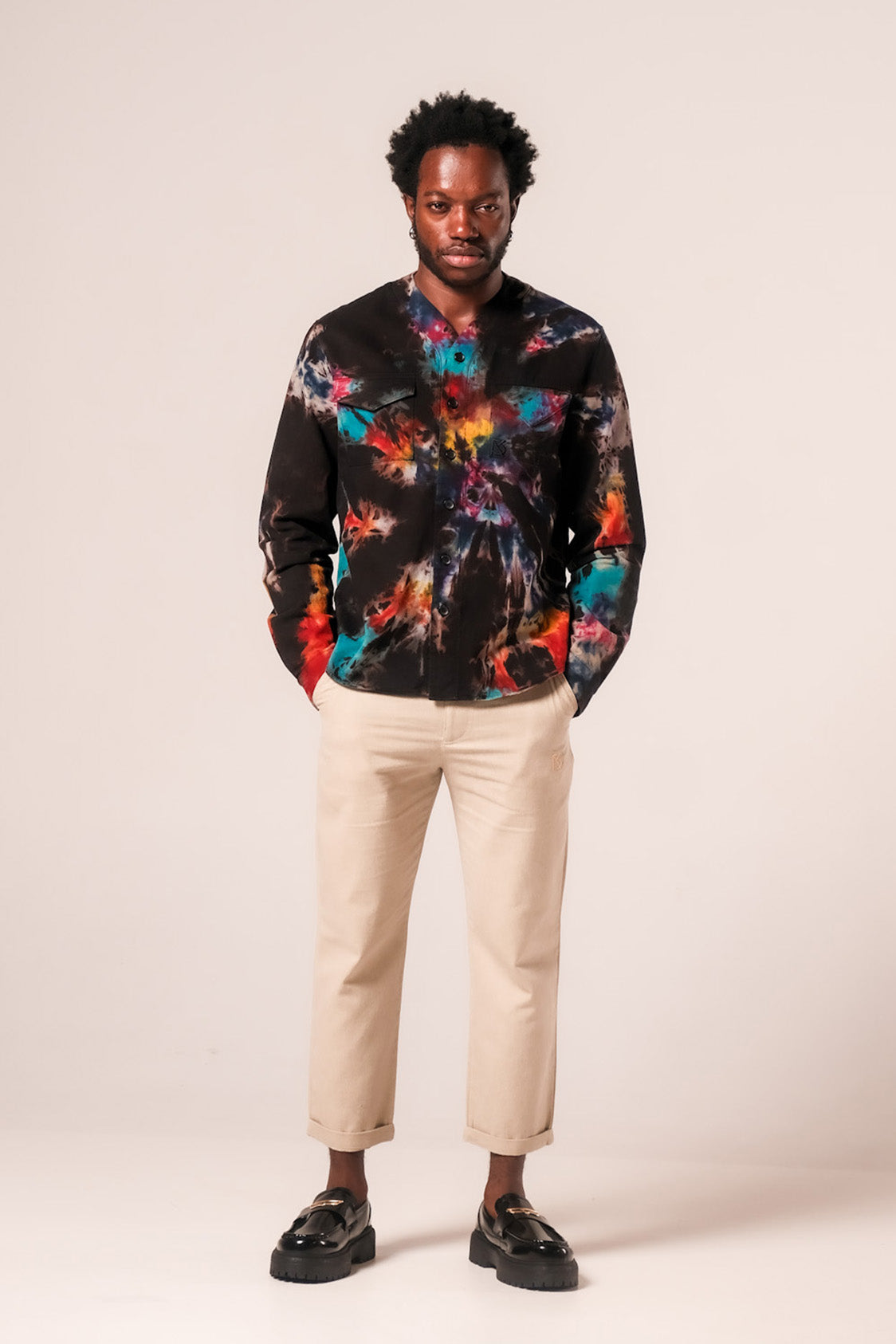 Herman V Neck Button Up Shirt: Black Tie-Dye v2
