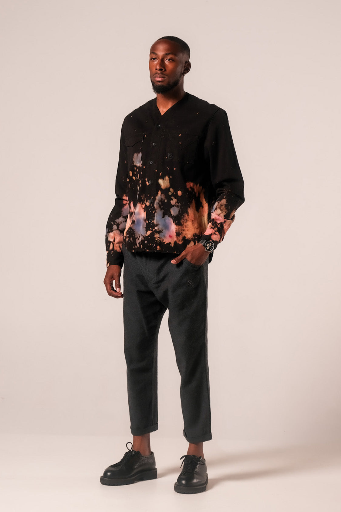 Herman V-Neck Button-Up Shirt - Black Tie-Dye v3