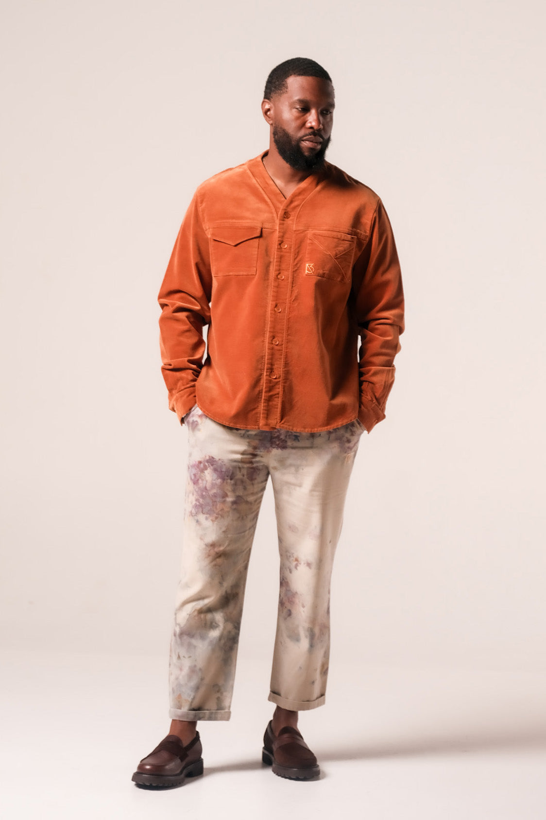Herman V-Neck Button-Up Shirt - Brick Corduroy