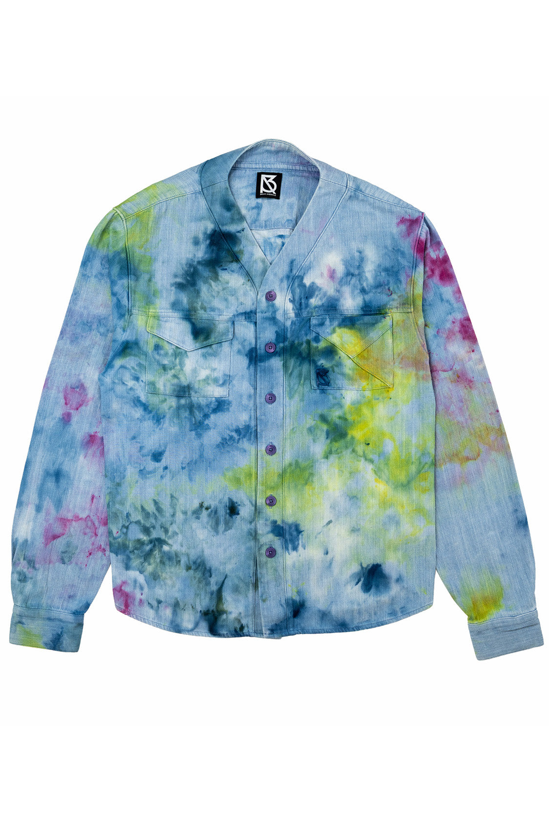 Herman V Neck Button Up Shirt: Light Denim Tie Dye