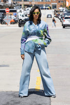 Herman V Neck Button Up Shirt: Light Denim Tie Dye