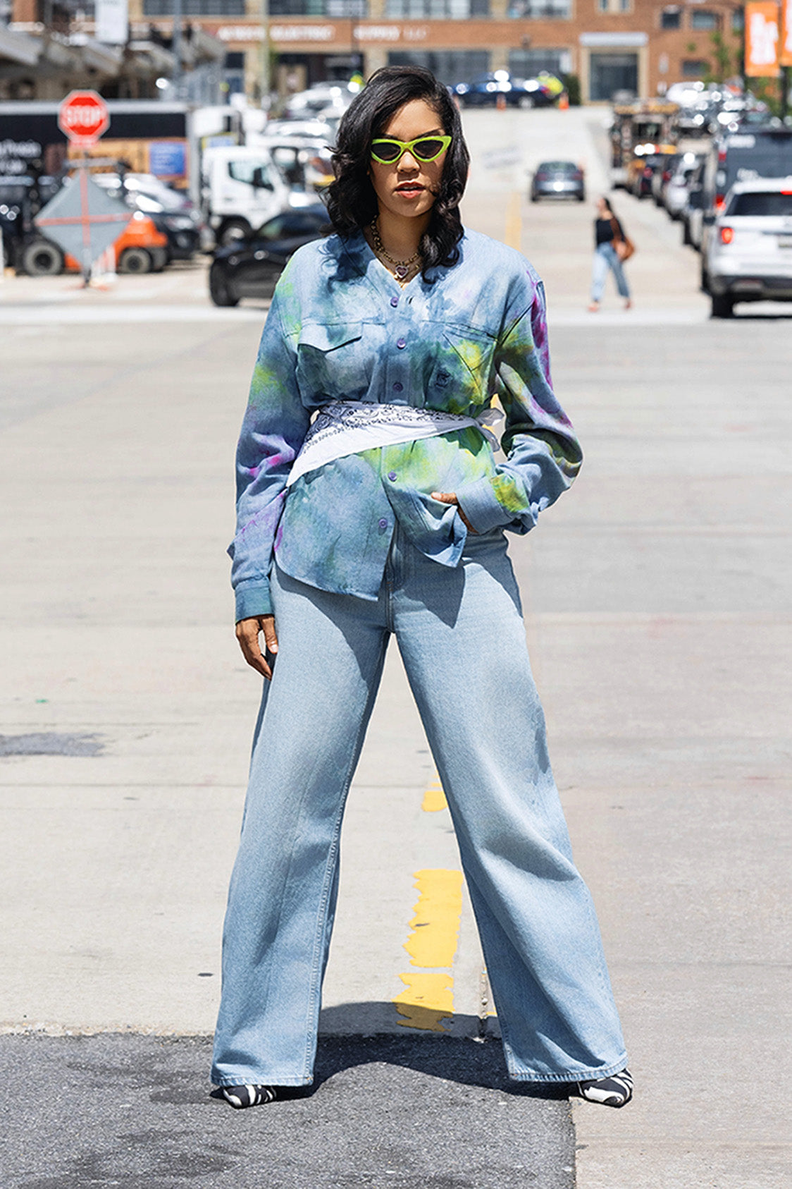 Herman V Neck Button Up Shirt: Light Denim Tie Dye