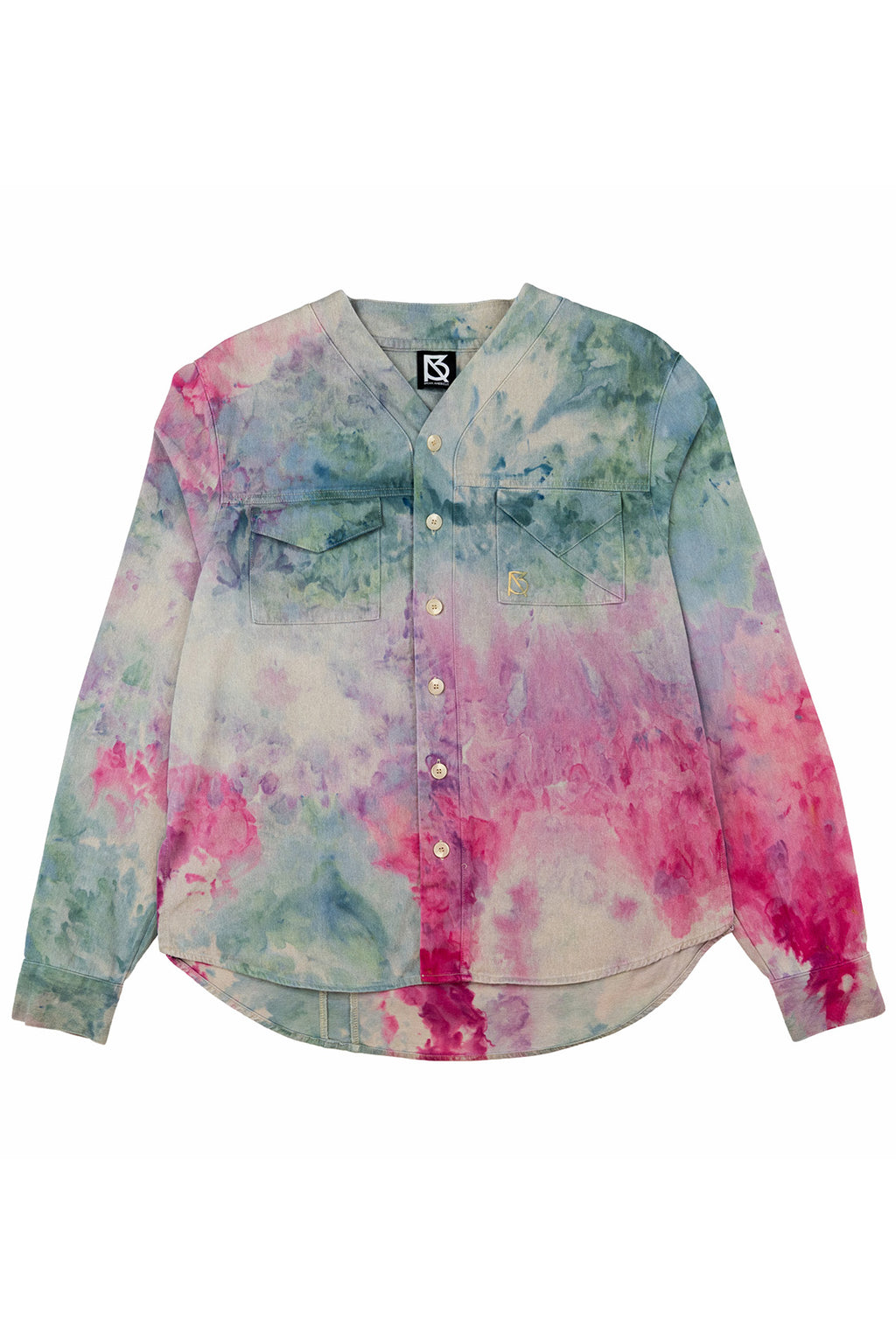 Herman V Neck Button Up Shirt: Beige Tie-Dye - Turquoise