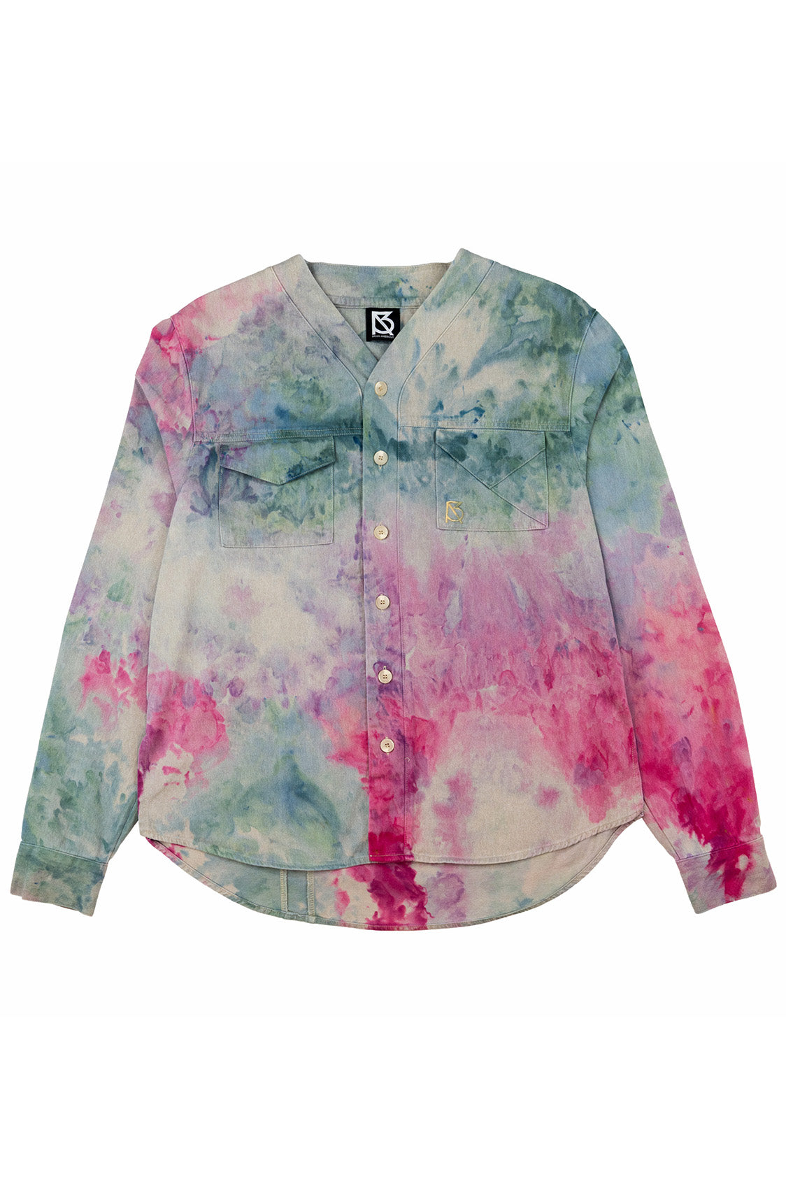 Herman V Neck Button Up Shirt: Beige Tie-Dye - Turquoise