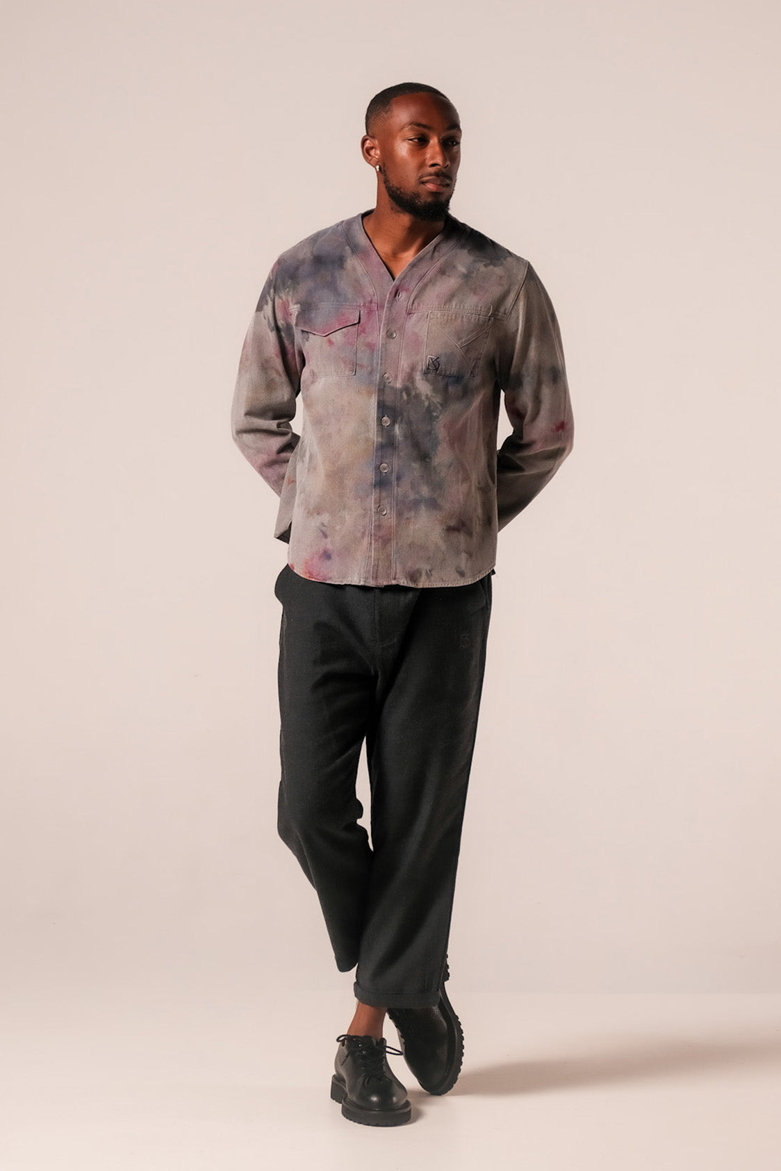 Herman V Neck Button Up Shirt: Grey Tie-Dye