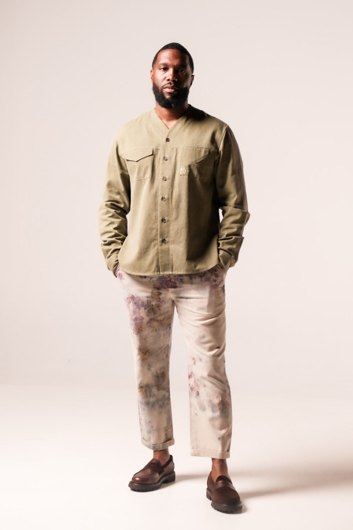 Herman V-Neck Button-Up Shirt - Olive
