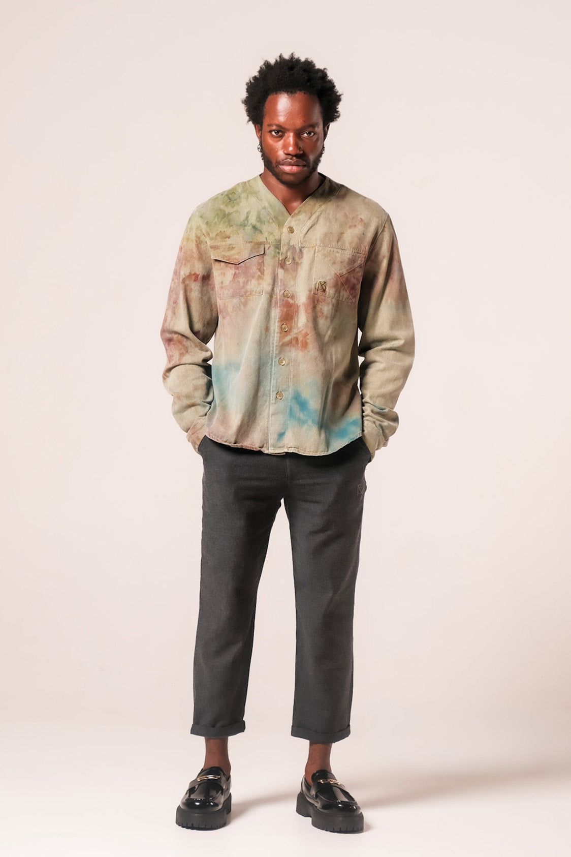 Herman V-Neck Button-Up Shirt - Olive Tie Dye v2