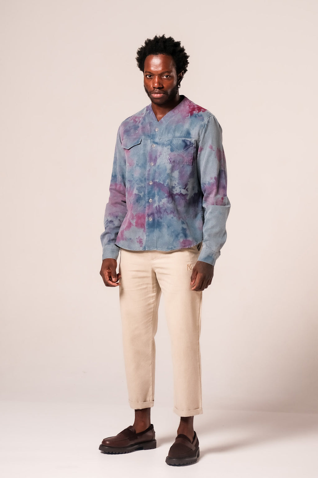 Herman V Neck Button Up Shirt: Royal Tie Dye