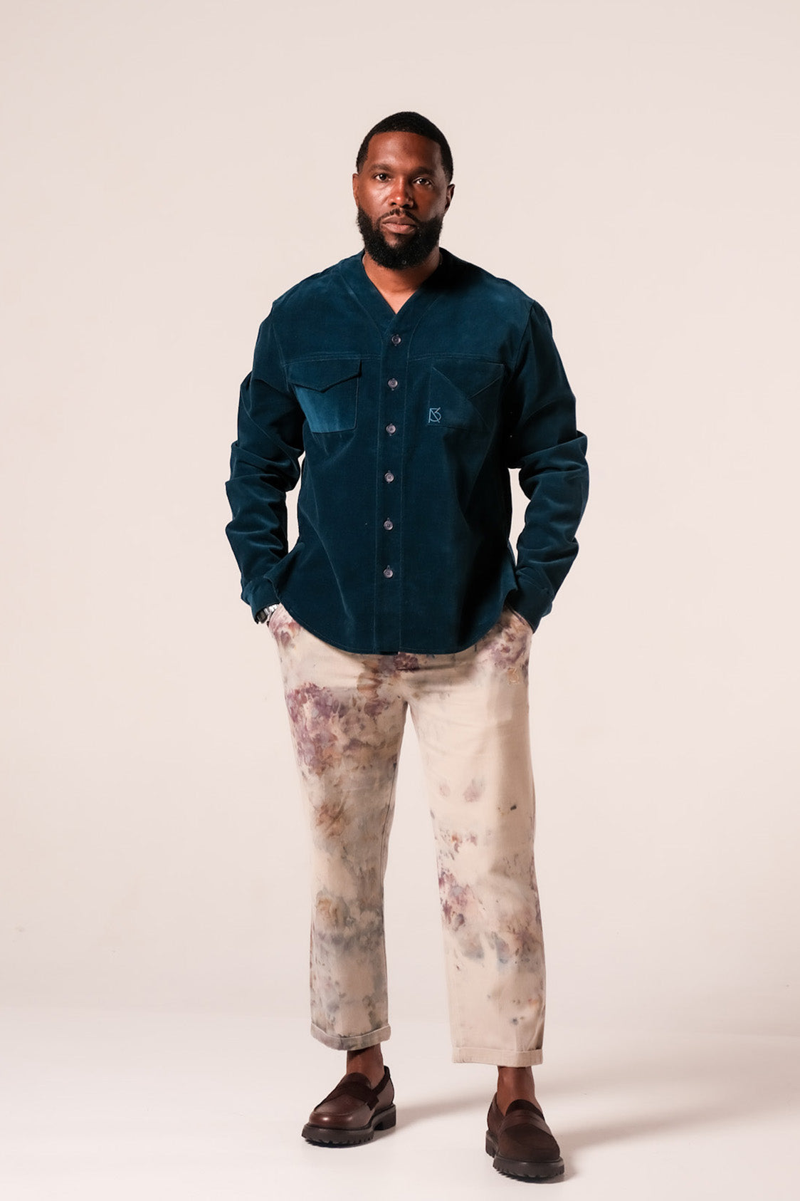 Herman V Neck Button Up Shirt: Teal Corduroy